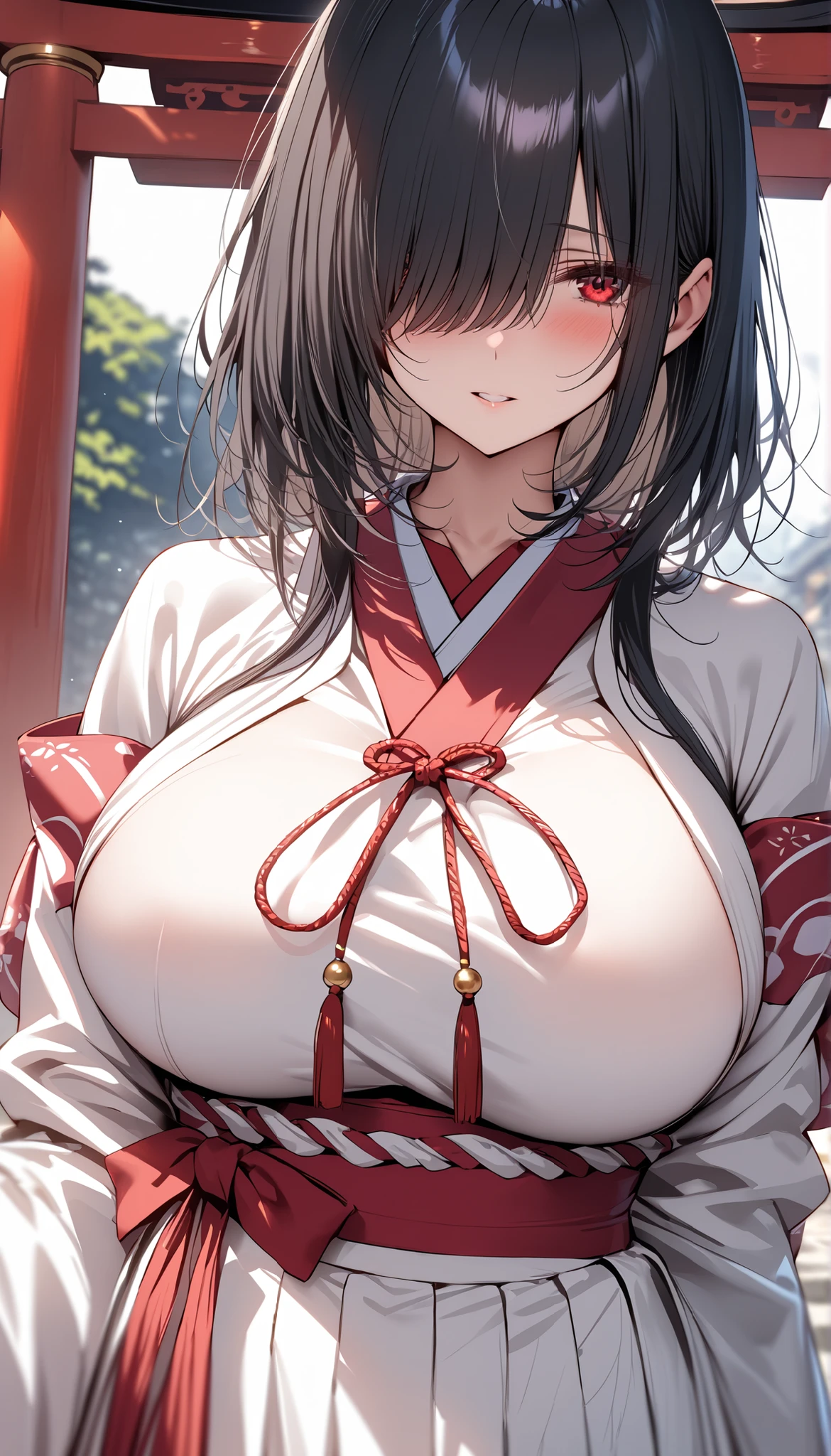 ((Yaemikodef)), closeup of a sexy, beautiful, sagacious, sly fox lady with ((side boobs)) in an exquisite, elegant, and fashionable sleeveless shrine maiden dress, saggy breasts, areola visible, huge areolas, erected nip, near picturesque and serene shrine surrounded by sakura blooming trees.