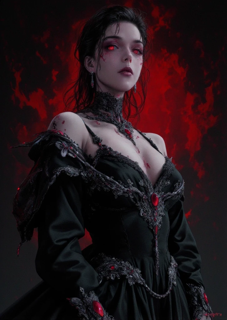 (sharp focus:1.1) photo of a vampire queen, blood droplets, blood soaked hair, ruby tiara, lace dress, alluring, yellow eyes, dark shadows, intensity, insanity, 8k, high quality, intricate details, close up, glowing eyes,