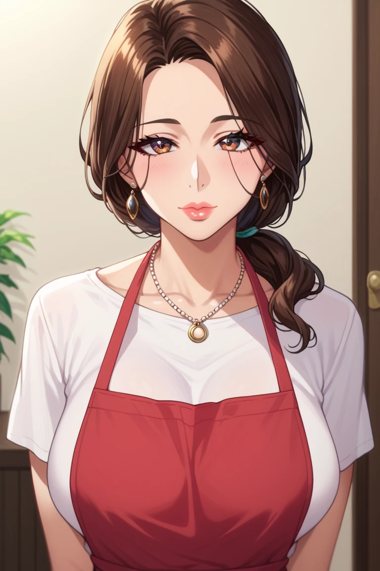1lady standing, /(preparing delicious meal/), (stylish outfit) apron, mature female, /(dark brown hair/) bangs, blush kind smile, (masterpiece best quality:1.2) delicate illustration ultra-detailed, large breasts BREAK (home kitchen) indoors, fresh vegetables, detailed background