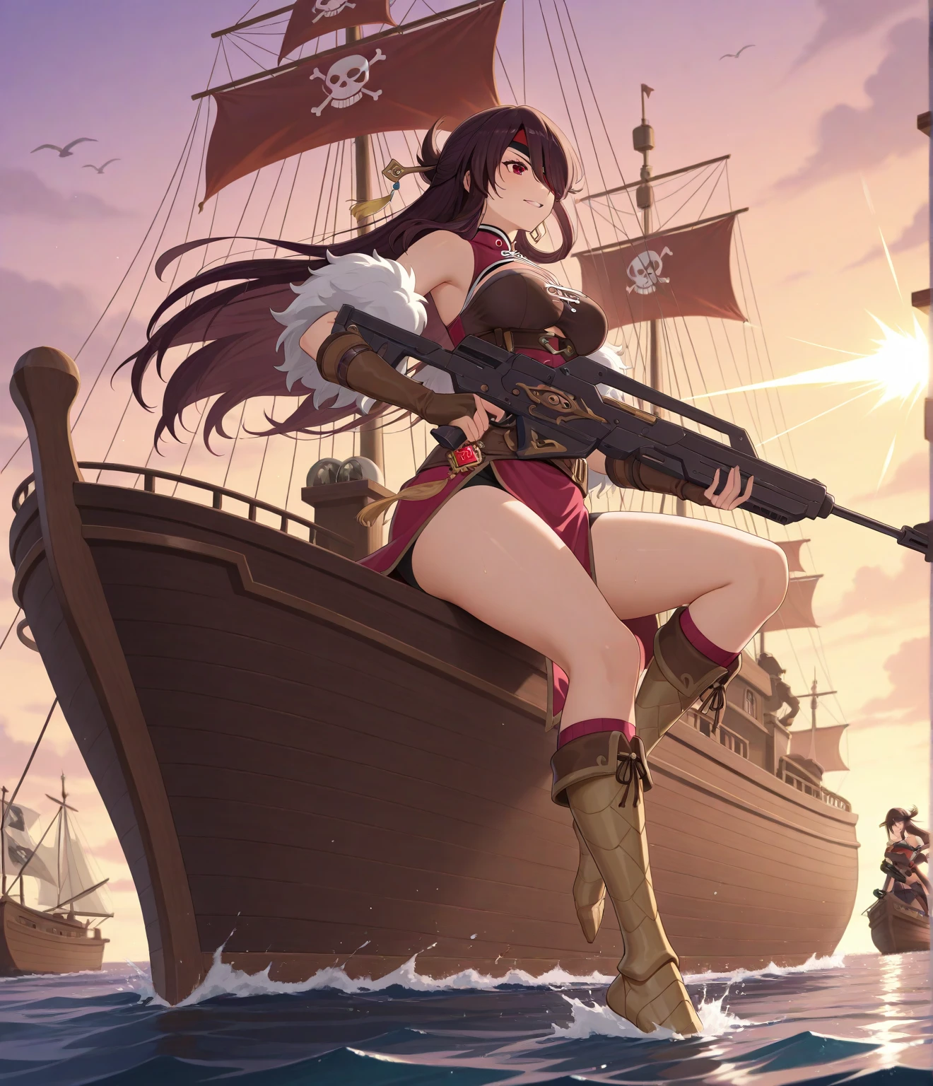 ((1 cyborg woman with ripped pirate outfit)),((tentacle entering the pussy)),((piercing in the quitores, red piercing in the manilos, naked breasts, huge breasts, erect breasts, biomechanical pussy, a biomechanical arm in the form of a futuristic Basuca)),((black hair)),((red eyes, smile)),((facing the viewer)),((on a pirate ship, at sea during the day)),