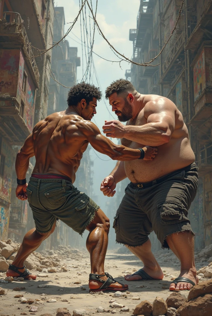 Many people running in a city of a big, muscular man who is naked and everyone is covered in semen.
