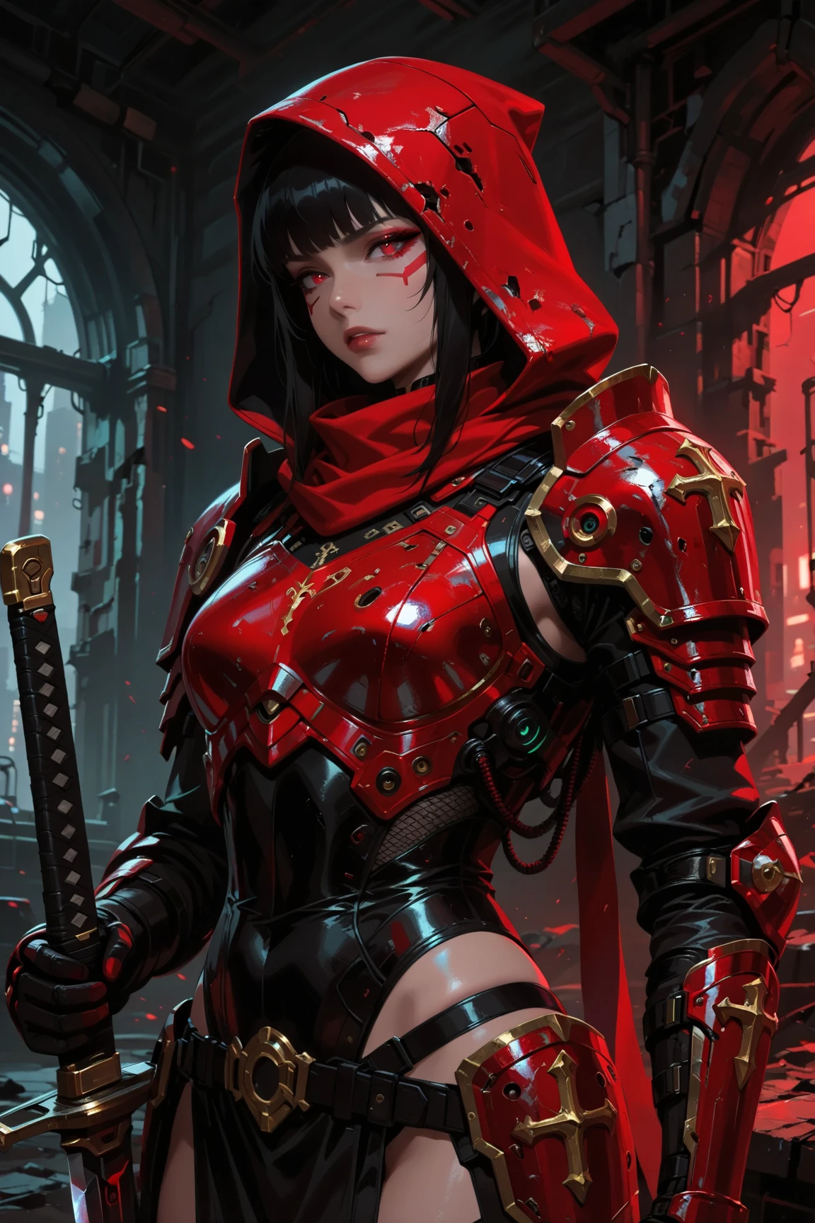 (((Best Quality))), ((masutepiece)) Full body, infp young woman(30-years old)、cyborg samurai、(((Holding two swords))) With black glossy futuristic mask, Dark grey metal body armor,Wear (((Traditional black large kimono embroidered with gold and red Japan symbol, Neofuturistic visual aesthetics, ((Perfect robotic eyes)) ((perfect symmetry)), Perfect face, Perfect body, Detailed white ink body art, dark palette, neon noire,Colorful graffiti on metal body frame and helmet、Red moon on background, Dark ominous clouds, Dystopian atmosphere,