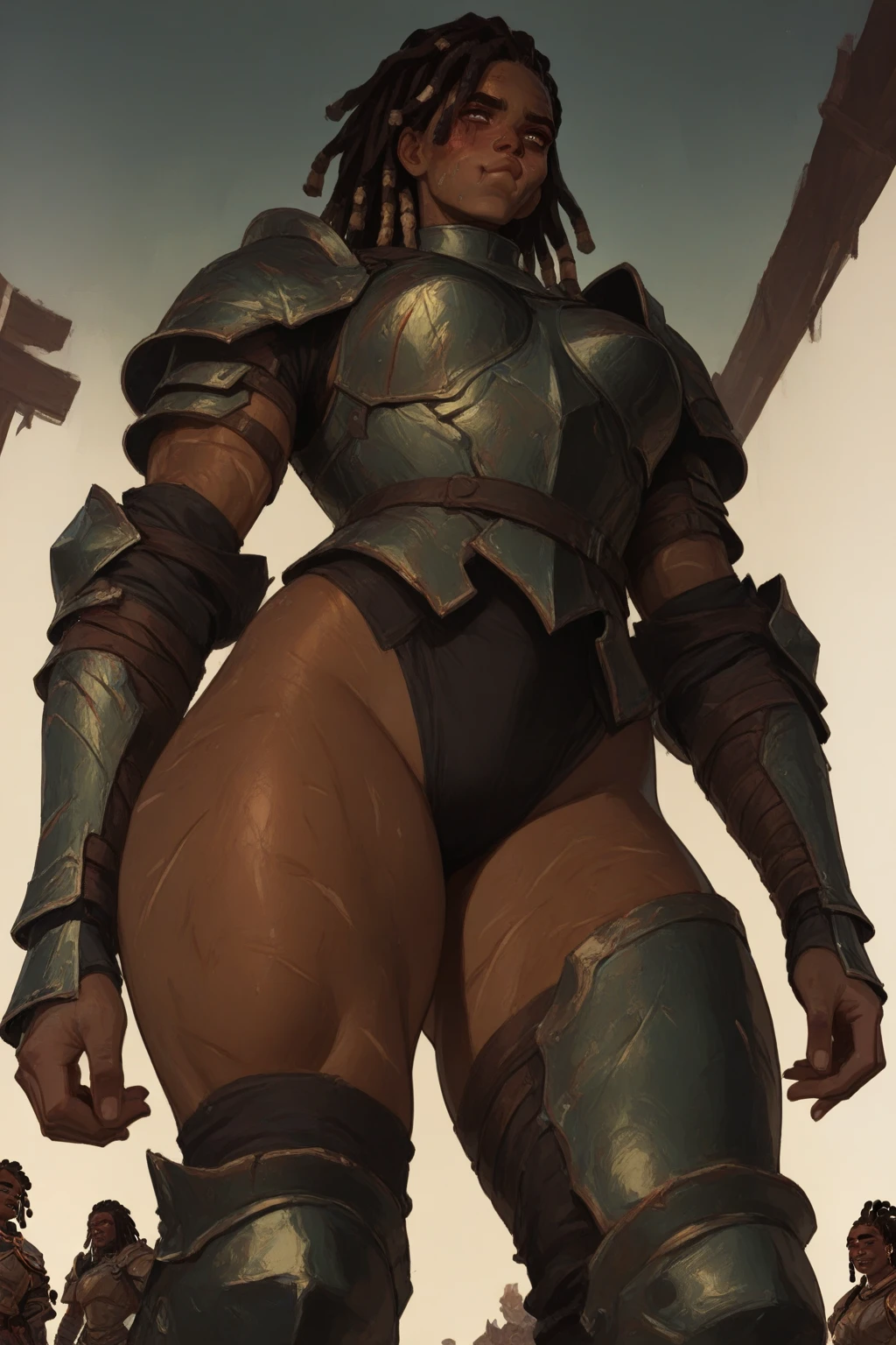 (Masterpiece, best quality, intricate details, 1sologirl) iron collar, arms behind back, iron cuffs, shackles, bound ((standing by wooden pole:1.2)) ((female Black Dark skin Gyaru)) show entire body frontal position, feet in view, realistic, gorgeous 16y.o. darkest skinned mixed race female, black African, barefoot no shoes, looking to viewer straight symmetrical, solo girl looking to the camera, cow bell choker leather collar choker neck bell, metal sandals, black and white bikini (cow pattern) black thigh high