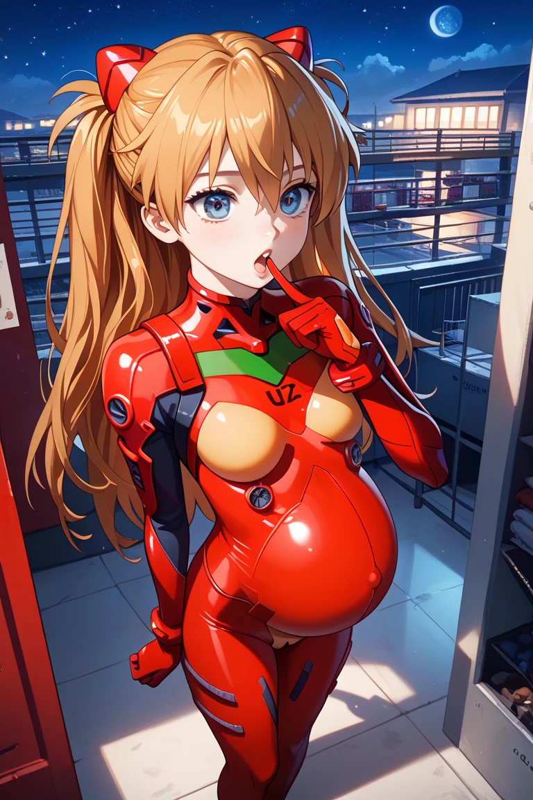 (Overhead view),dynamic angle,ultra-detailed, illustration, close-up, straight on, 1girl, 
 ((souryuu asuka langley, interface headset, red bodysuit:1.4, blonde)),Her eyes shone like dreamy stars,(glowing eyes:1.233),(beautiful and detailed eyes:1.1),(expressionless,closed mouth),(standing), ass up showing ass
(mechanic room with toolsand spaceship windowin a white SPACESHIP),
(night:1.2),dreamy, [[delicate fingers and hands:0.55]::0.85],(detail fingers), crop top, camel toe, big breasts, (pregnant: 0.6)