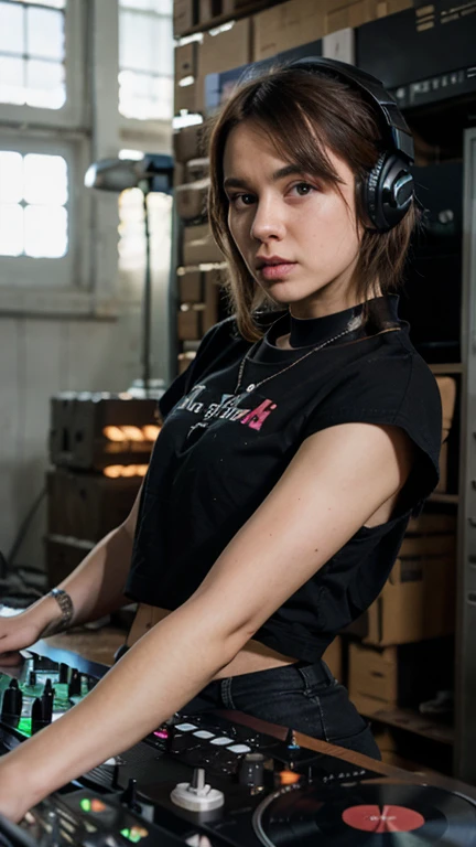 A photo of a young pretty, nerdy woman sitting in a cafe, wearing a white shirt and a bow, surrounded by a cozy lofi atmosphere, looking at the viewer. Short Pink Hair, Stunning Glow Lite Blue Eyes, Amazing beautiful shining hitech astropunk helmet with a big faceshield like an ultimate astronaut, cinematic lut colors, stunning masterpiece of photography, Traditional Cyberbodies, Realistic,DERPD, Science-Fiction, serie-b movie scene. blacklights fluorescent colors, neon-noir ascents, contrasting lsd colors, blue theme, amy jo-johnson