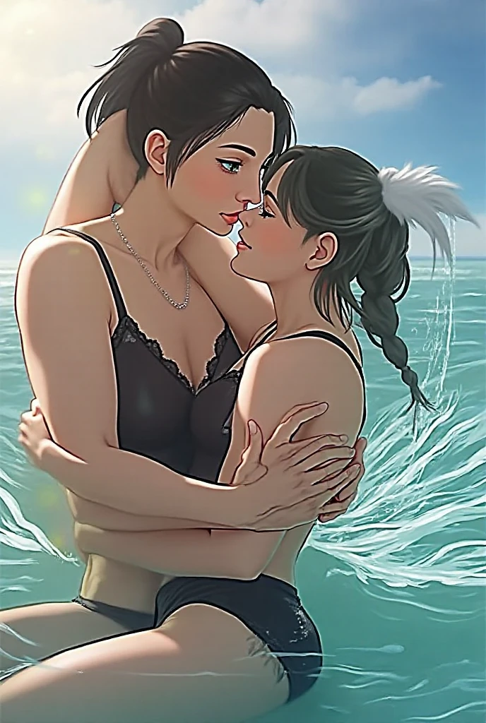 masutepiece,hyper quality, Hyper-detailing,Perfect drawing,nffsw,3D,8K,illustratio、Hi-Res、(((Two beautiful girls)))、The bikini、swim wears)、(Sitting on the breakwater)、Close your eyes、((French Kissing))、the setting sun、Horizon、shores、Back lighting、Sparkling water surface、beatiful backgrounds、Accurate drawing、Detailed drawing