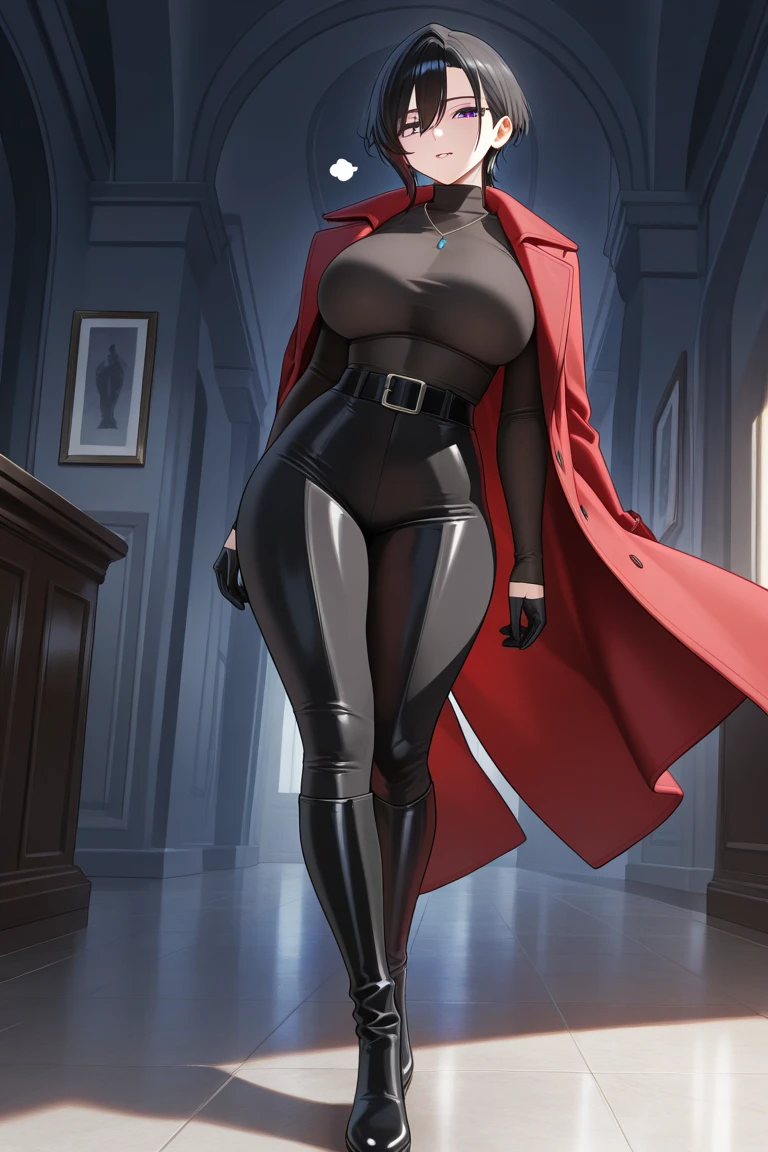 1girl, female assassin, asymmetric bobcut hair, full body shot, clyde caldwell, red lips, thong, cleavage, black hair, red eyes