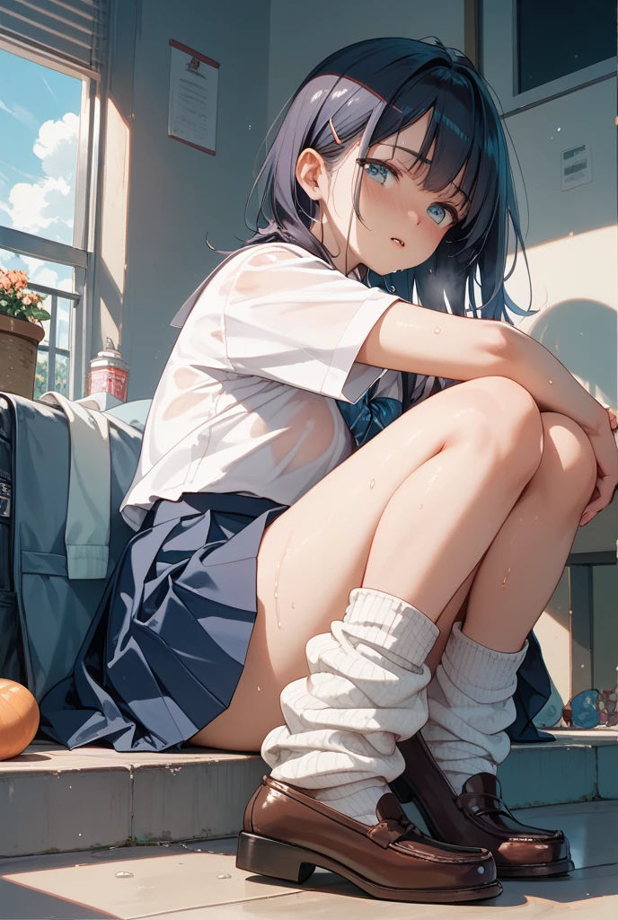 (8K, RAW Photos, Highest quality, masterpiece:1.2), High-quality RAW color photos, Professional photography, Cinematic Light, alone, (((young woman, Gal))), (Sharp features), (Small face), (Skin with attention to detail:1.2), clavicle, Cute face, Beautiful appearance, Long eyelashes, (Blue Hair, blue eyes, Shortcuts), Beautiful breasts, (Slim figure:1.4), Highly detailed face and skin texture, Micro Sweatsuit:1.2, Round Neck Shirt, Not wearing underwear, White bloomers, Wet, see-through clothes:1.1, loose socks:1.3, sneakers:1.5, (Sexy shot),Wet,  Embarrassing, Sit on the stairs, School building stairs, Artistic painting, Attractive thighs, Open your thighs, (A very fine touch:1.2), (Open your mouth笑う), (Beautiful breasts), (concentrate), (sweating:1.2), (Open your mouth), Highly detailed face and skin texture, Look to the side, from before，(((Spread the word_feet, Pussy, Split_ feet, from before, I can see your underwear)))