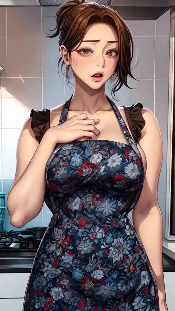masterpiece, best quality, amazing quality, very aesthetic, absurdres, newest, scenery, 1girl, (solo:1.1), huge breasts, surprised, blush, <lora:Jung Eun-ea illustxl:0.9>brown hair, mature female, purple eyes, short hair, single hair bun, (thick eyebrows:0.7), light brown tank top, collarbone, cleavage, short sleeves, (floral print apron:1.1), black apron, black shorts, short shorts, hair tie in mouth, hands in own hair, arms behind head, armpits, sweat, from side, upper body, standing, kitchen, inside, looking at viewer, shiny skin, masterpiece, best quality, amazing quality, very aesthetic, absurdres, newest, scenery