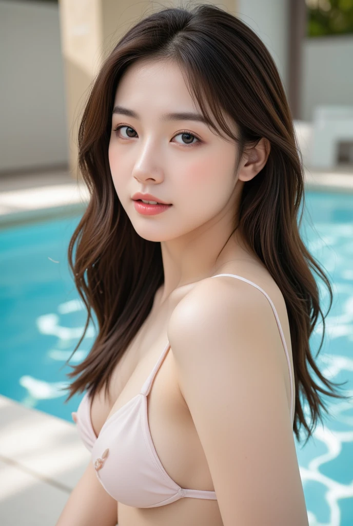 8K、Raw photography、top-quality、masterpiece:1.2、realisitic、Photorealsitic:1.37、ultra-detailliert、超A high resolution、Raw photo、Wet hair、glowy skin、a wet body、Dramatic Writing、15yo student、Slender figure:1.1、hyperdetailed face、Detailed lips、二重まぶた、1 girl in、beatiful detailed eyes、bangss、Skin Texture、Slim waist、(Curve:0.4)、Beautiful thighs、电影灯光、profetional lighting、school swimming pool、Enter the pool、Outrageously high-leg school swimsuit、low angles、crotch open、M word、big butts、Show off your protruding buttocks to the viewer、Shameful look、large boob、Sexual intercourse、Show the pubic area、on back