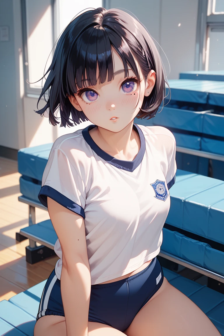 Toned body、Bare thighs、White panties、(Sailor suit summer uniform、Dark blue micro mini skirt dark blue、White short-sleeved shirt、Dark blue pleated skirt Dark blue、White mesh panties、Dark blue tie dark blue、White Short Socks)、(Black Hair、Very Short Hair、boyishカット)、Big Breasts、Women's High生、boyish、Big Breasts、Women's High、classroom、独奏