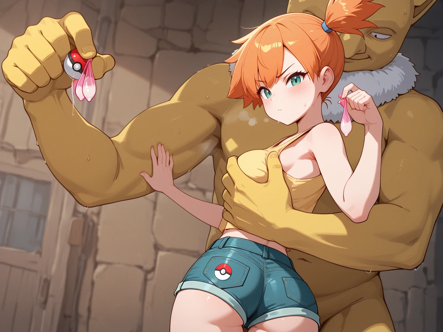 score_9, score_8_up, score_7_up, source_anime BREAK 1boy, machamp, solo, four arms, pokemon, standing, muscular, grey skin, posing, simple background, 1girl, misty (pokemon), orange hair, side ponytail, green eyes, reveres suspended congress, hand on another's leg, hand on another's arm, lifting girl, sweat, blush, parted lips, legs apart, arms up, sinister, heroine in trouble, <lora:Machamp:1>, rating_questionable