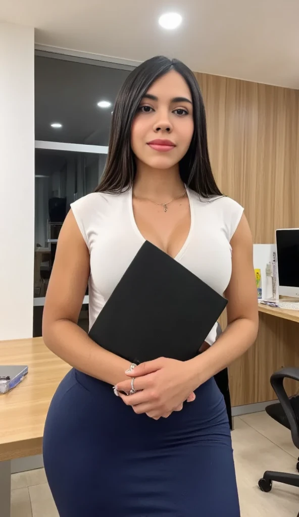 Secretaria provocadora, corte bob , tetona, discreta, vestido floreado, en una oficina 