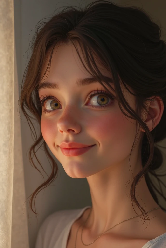 Upper body view.Lazy movements,Pure temperament, full chest shape.Watery eyes，Flying strands of hair，Sweet smile，exquisite facial features.Fair and rosy skin，The picture is clean and bright，verism style，Hyper Real,ultra - detailed,Best Picture Quality,Reallightandshadow,extreme hight detail,Realist photography,Masterpiece authentic textures，Highly detailed detail girl fairy single depth of field