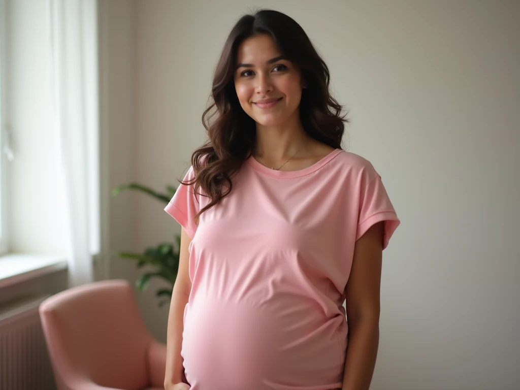 Image captured with a Sony α7 III camera, full body shot, an narrow waist, wide hips, and a full bust. The proportions are highly stylized, with a sharp contrast between the tiny waist and the expansive curves of the hips and chest, young European woman early 20's, straight jeans in light Blue color, fitted waist tee in pink color, white shoes, realistic, creamy white background standing straight in front of the camera.