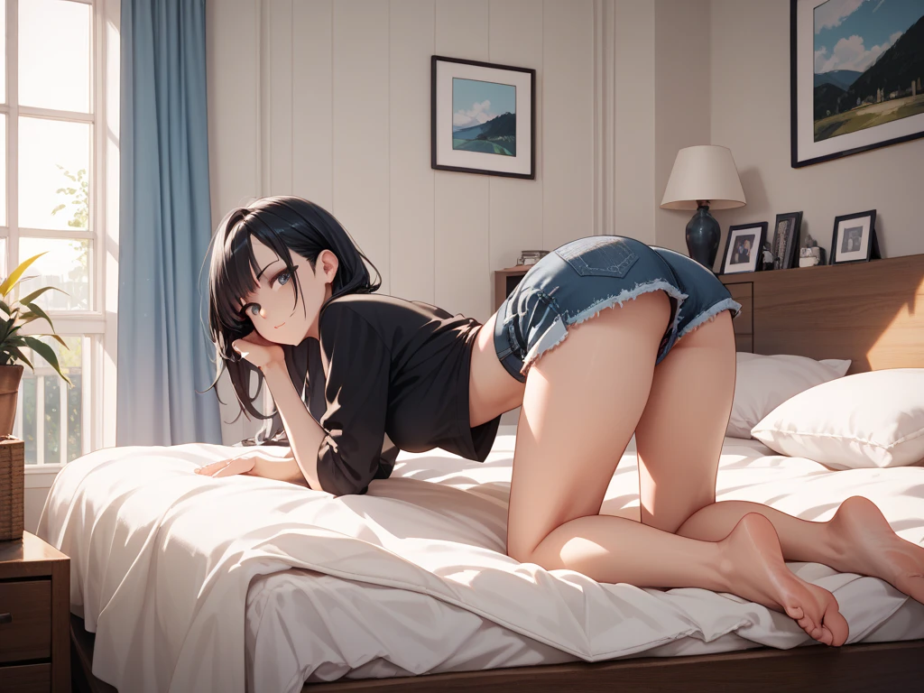 A girl kneels on the bed，nakeness，spread their legs，The perspective of looking up，facing away from the audience，ass close up