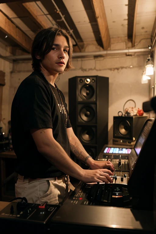 18 year old male, dress with beige hoodie, sitting in an FM radio studio, in front of a pc, speaking into the microphone of the radio studio, radio studio background, realistic photo. Using jeans pants, long hollow hair