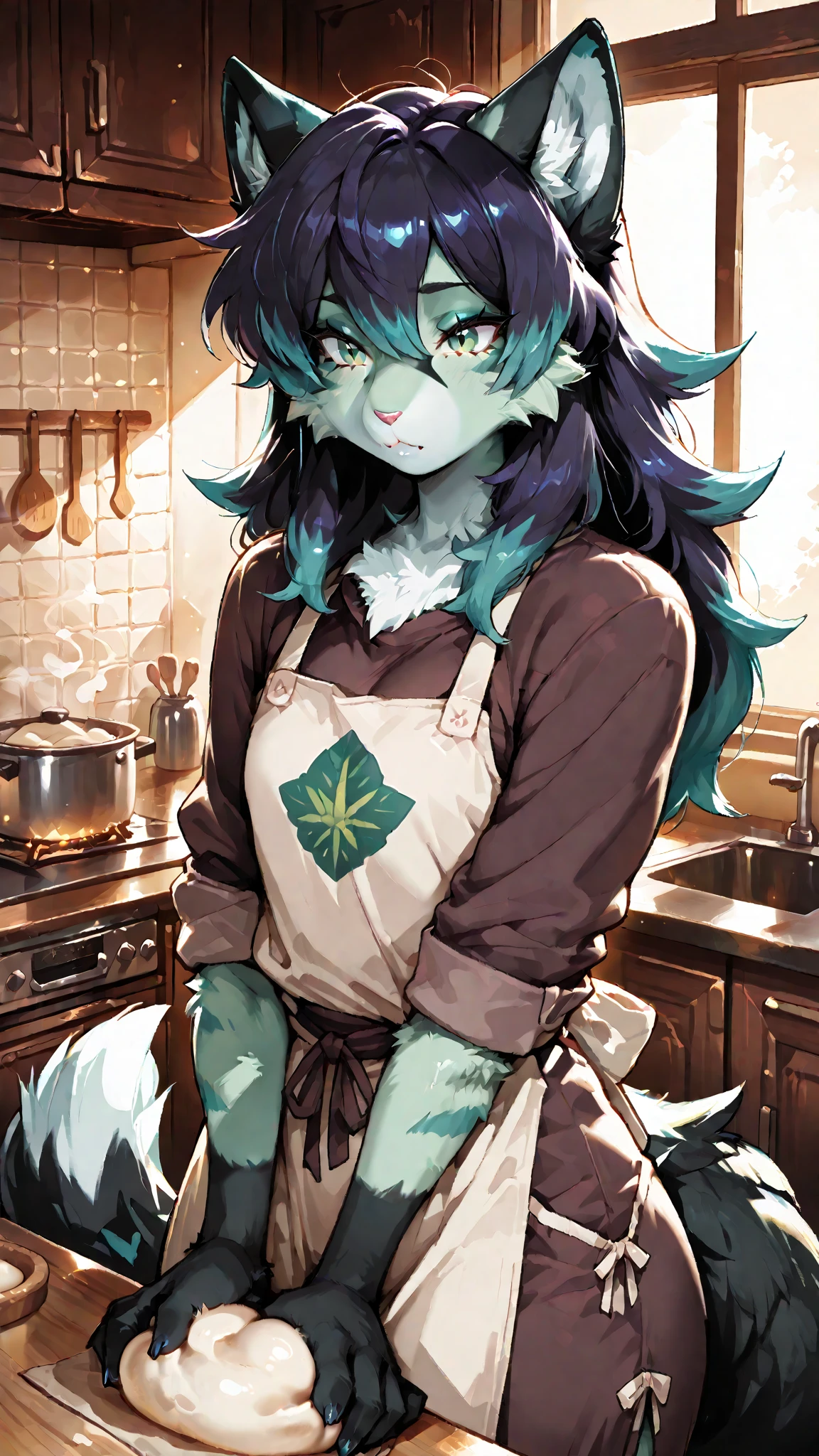 best quality,best resolution,(fluffy anthro furry :1.6),(young :1.6),fox girl,(light green hair), long hair,wavy hair,purple eyes,flat chest,(light green fur :1.6),glasses,white naked apron,luxury bedroom,romantic light,looking at viewer,shy face,heart eyes,heart expression eyes,smile,stand