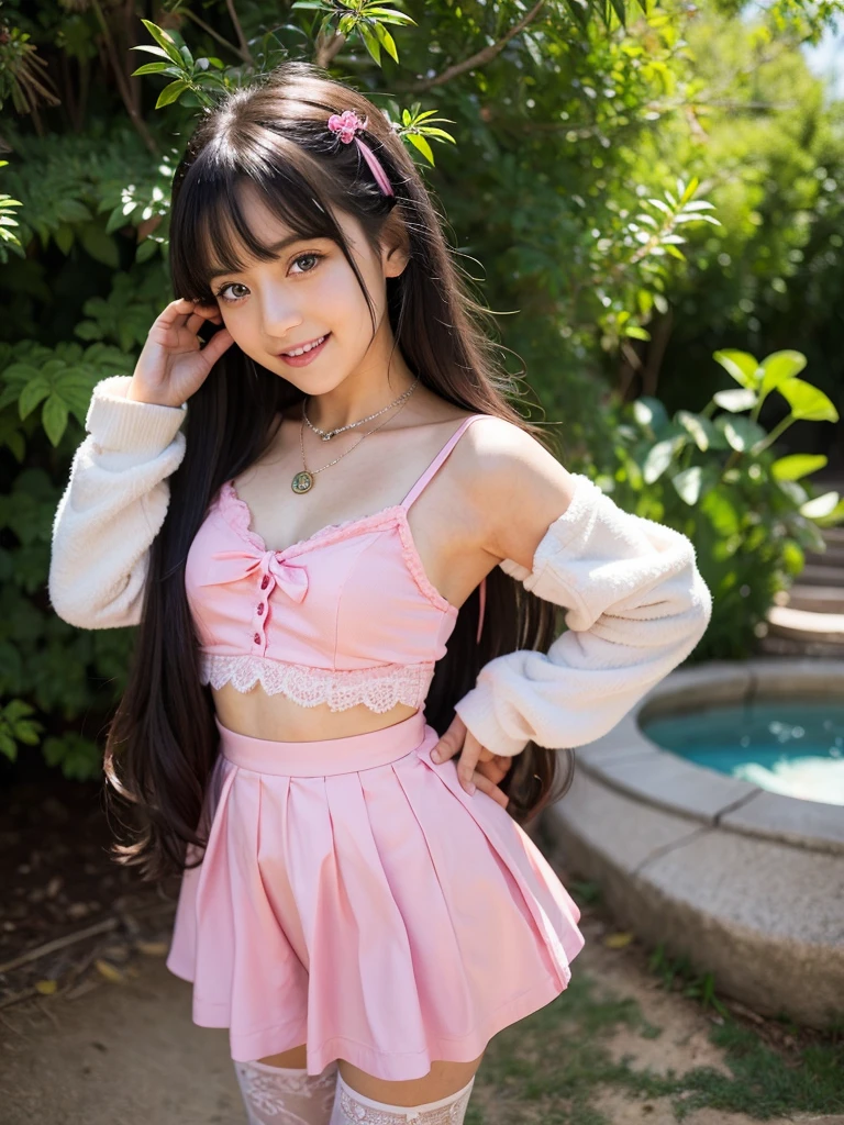 highest quality、8k Masterpiece、超A high resolution、(Photorealistic:1.3)、RAW Photos、1 girl、Long black hair in a ponytail swaying in the wind、Glowing Skin、((Ultra-Realistic Details))、Portrait、Global Illumination、Shadow、Octane Rendering、8k、Super sharp、Beautiful breasts、Metal、Cold colors、、Very intricate details、Realistic Light、CGSoation Trend、Beautiful Eyes、Shining Eyes、To the camera、Neon Details、２０age、Mean、Small devil、Obscene、wide shot、full body、Silver charm on the ankle、smile、Young body shape、未来的な白いIdol衣装、Cosplay、A little sexy、Moe、very cute、cute、pure、virgin、love、Idol、pink、見たこともなほど可愛いIdol衣装、A girly cafe with gentle sunlight