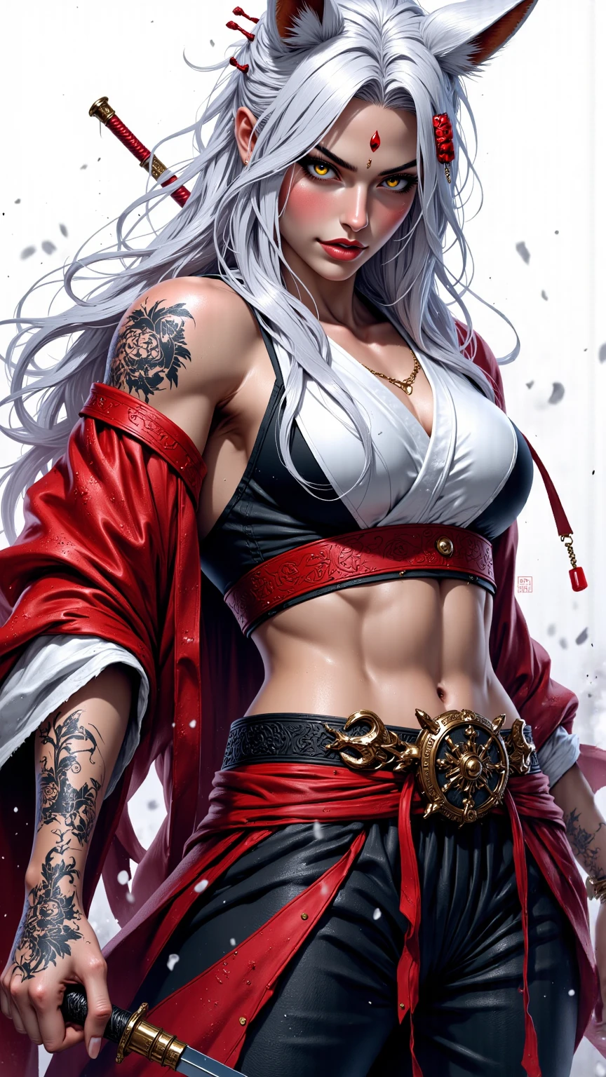 ((1woman)) Whole body, standing, gray skin, drow, elf, 1 girl, maduro, purple eyes, by white, black bikini, ABS, Large knockers, tattered rags, chain collar, stomach tattoo (red tattoo)