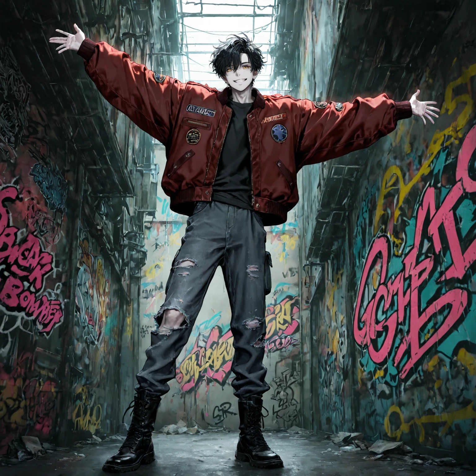 (master piece, best high quality image, very good detailed image, very good detailed character, very good detailed background, very detailed textures, carefully detailed and textures, character standing alone, full body)
{{((1:character: 23 years old black hair boy, (pale skin, blue eyes, black shaggy hair, sadistic face, evil laughter loudly, blood on his body and clothes, clanching fists with too much blood, aggresive combat pose), (light-blue jacket with blood, blue jeans with blood, white shoes), (irish pub, destroyed tables, destroyed chairs))}}