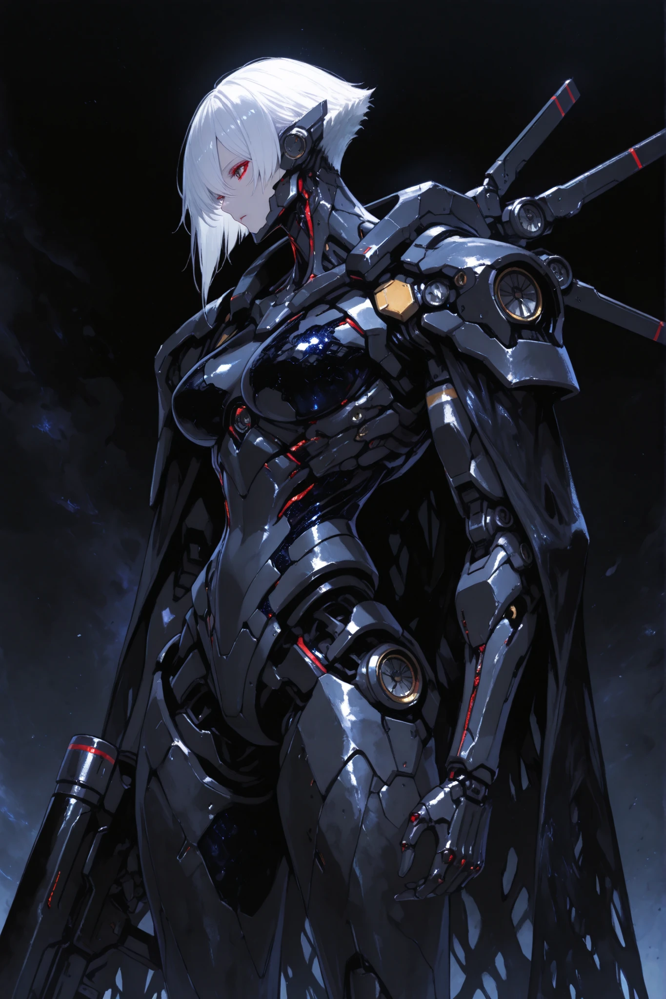 masterpiece, (best quality), sci-fi machine, matte black carbon fiber texture, white hair, black carbon fiber simulated breast prosthesis assembled with mechanical structural modules, super evolutionary future technology, cyberpunk titan technology, ornate and heavy duty shoulder blade edge, large shoulder armor, large and head-high shoulder armor, fantasy technological evolution mecha, dark fantasy art, super mechanical cloak, deep and dark space-time setting, has two missile launchers with multiple gun barrels on either side of her shoulders