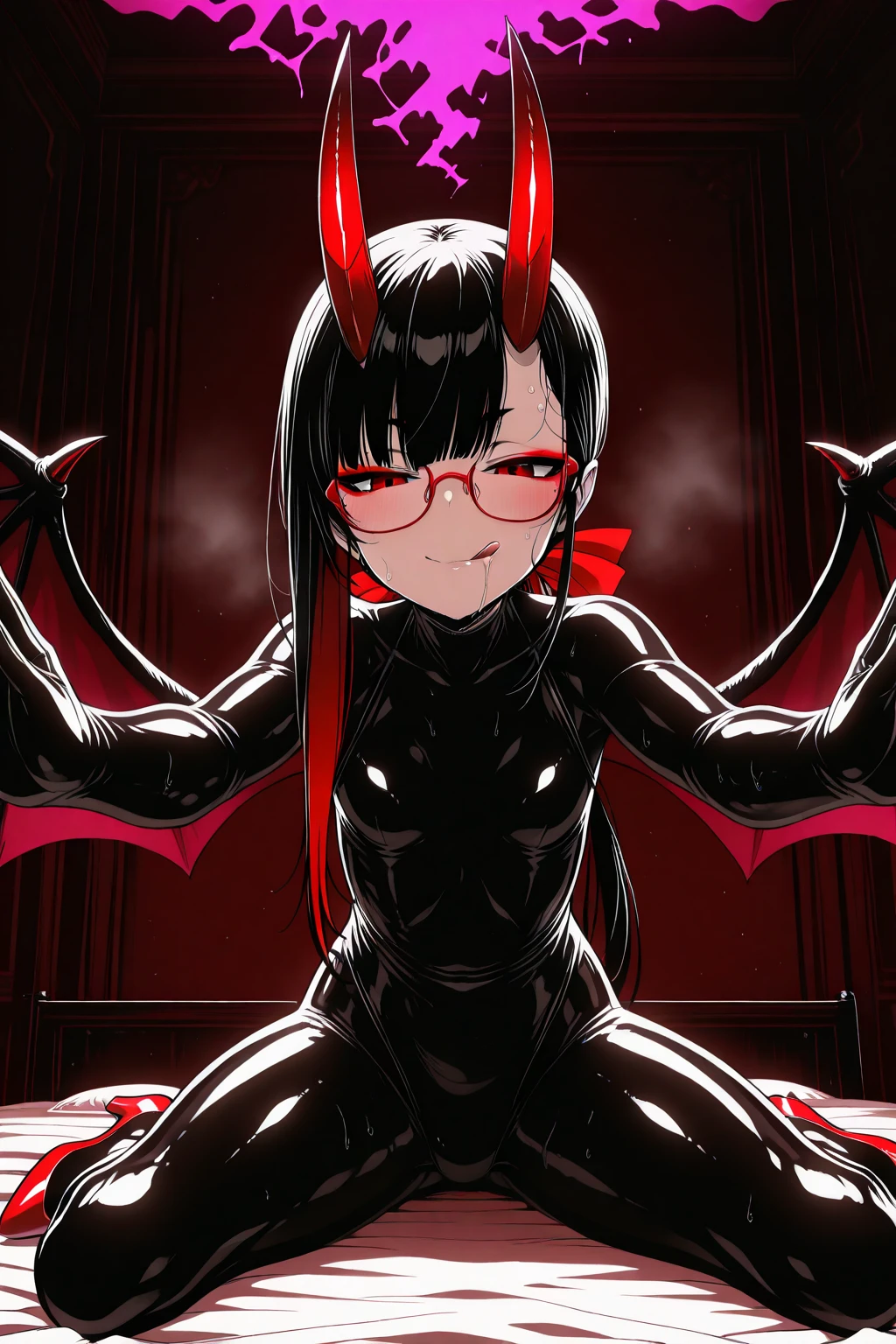 (Highest quality)Demon Anime Girl,Black-haired,drooping eyes,bikini,Open jacket,Huge half up,Grinning face,Glasses、whole body