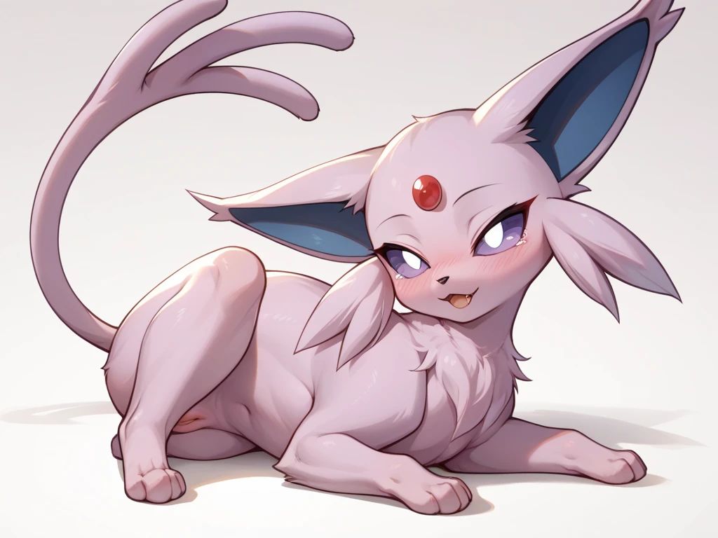 Score_9, score_8, score_7, cute gatomon from digimon, Anthro, all white furry body, feet paws, 4 toes, bare hands, 5 fingers, naked, on her knees, seductive pose, simple white background 