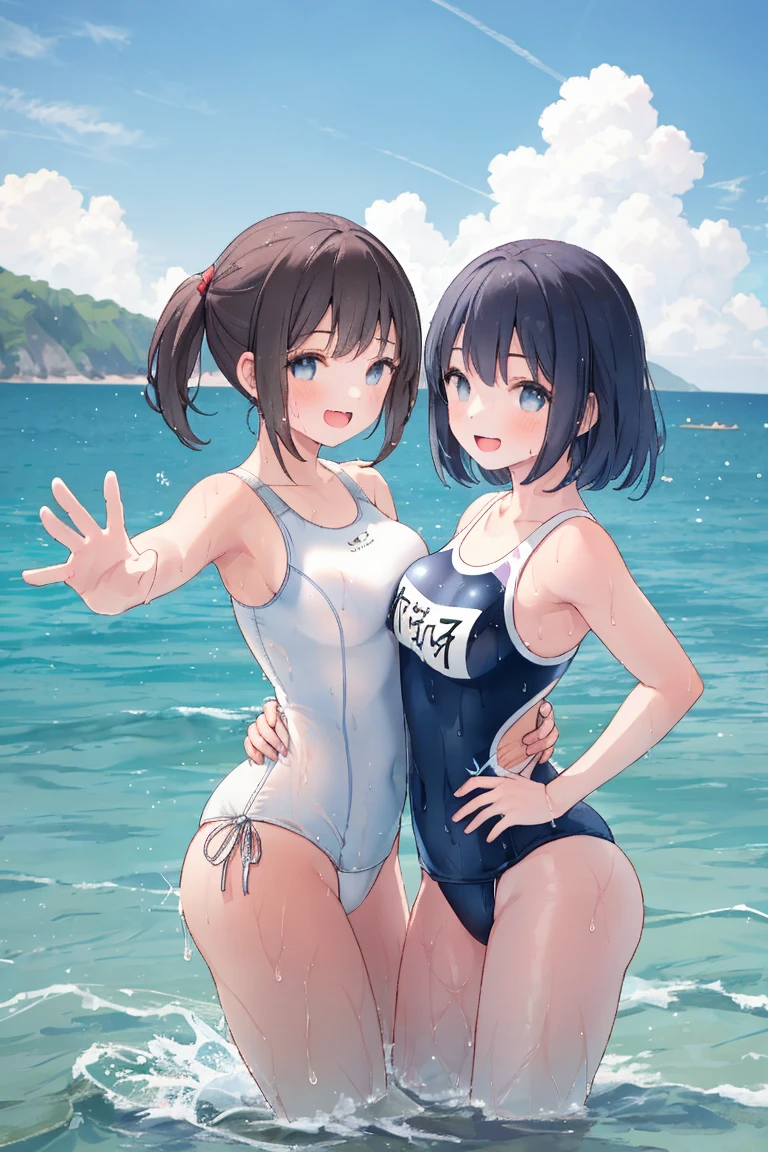 Anime girl with dark blue hair)(pixie cut hair)(Swimsuit)(big brown eyes)(By Rumiko Takahashi, inspired By Rumiko Takahashi, Fubuki, Rumiko, 90s anime this style)(80s anime art style