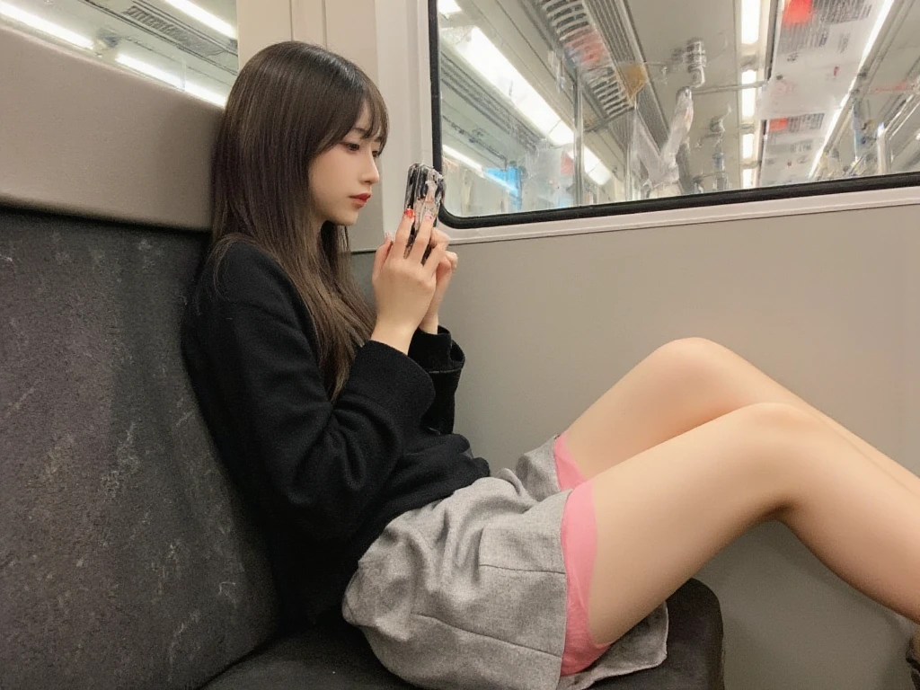 8k, RAW Portrait (Japanese women),masterpiece、Photorealistic:1.3、Realistic, Ultra-high resolution, highest quality, Real Life Photos ,( In the evening :1.1),(((Showing panties:1.4)))、((Visible panties:1.4))、((A girl sitting on a chair on the Yamanote Line train and looking at her smartphone))、
((((1 girl:1.5)))), (((電車内でスカートをたくし上げてShowing off panties女子高生:1.4)))、(Cute Face:1.3)、日本の1 girl,((Japanese schoolgirl))、((1 real high school girl))、((Japanese High School Uniform:1.6))、  Black Hair,(Written boundary depth:1.3)、 ((Dark brown eyes:1.2))、(Real skin texture:1.3)、(Immersive atmosphere:0.8、Chiaroscuro:1.2) 、(Look Viewer:1.3)、((Expressionless:1.3))、((Red cheeks:1.1))、((She&#39;s wearing tiny silk panties))、((Showing off panties:1.4))、((A woman rolling up her skirt))、((Highlight the panties))、The cutest girl in the world、((Spread your legs out to the side:1.4))