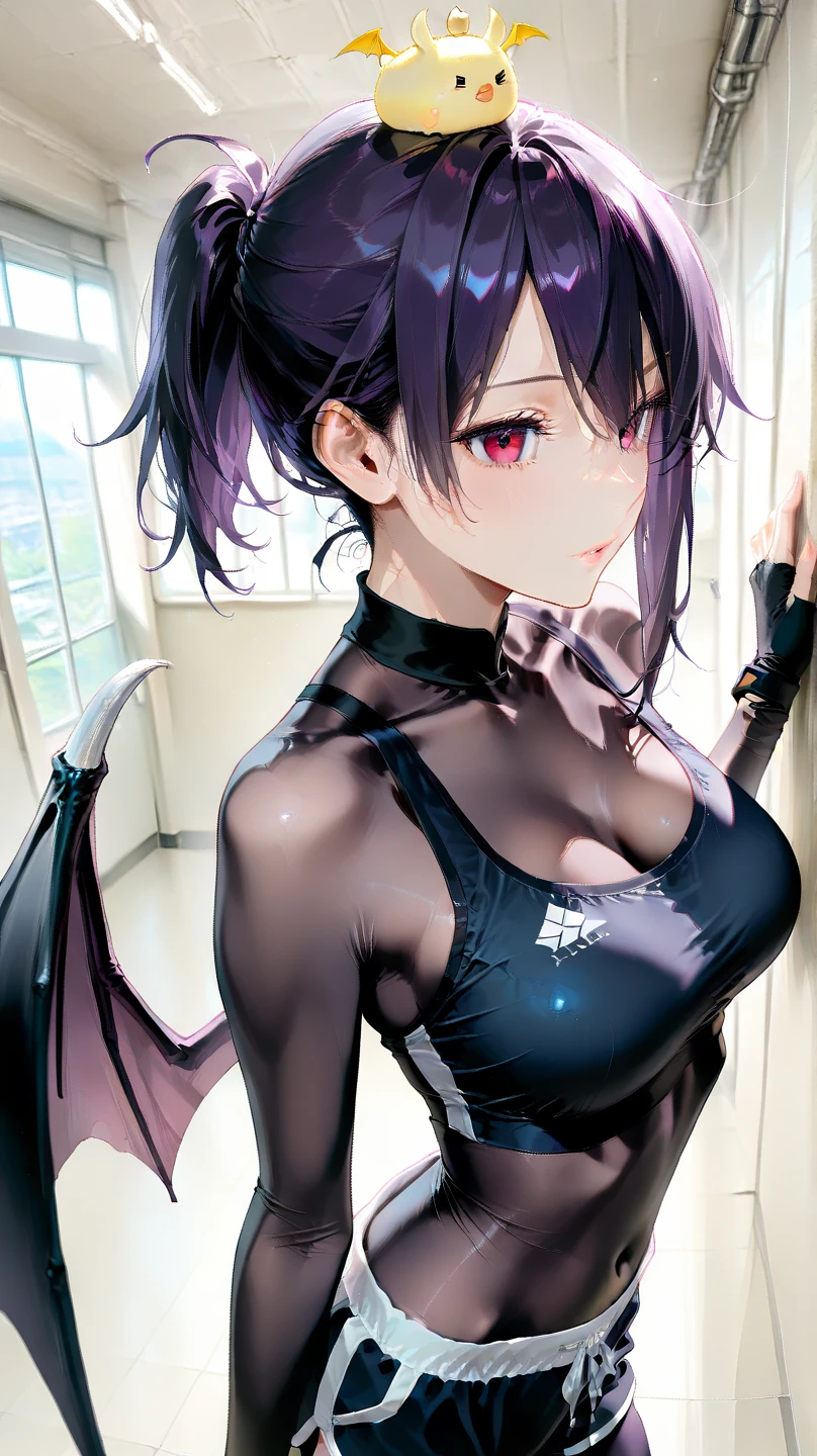 masterpiece, best quality, highres, 1girl, solo, smile, simple background,looking at viewer, upper body, mai shiranui, brown eyes, long hair, purple hair, white ribbon, sleeveless, ponytail, sash, pelvic curtain, arm guards, gloves, tabi, morrigan_aensland_aiwaifu,green_eyes,green_hair,breasts,bangs,demon_girl,head_wings,long_hair,wings,animal_print,pantyhose,bat_print,bat_wings,print_legwear,bridal_gauntlets,leotard,bare_shoulders,cleavage,large_breasts,black_wings,orange_gloves,thong_leotard,black_footwear,bat print,clothing_cutout,purple_wings,heart_cutout,low_wings,black_leotard,bat,highleg_leotard,purple_legwear,highleg,demon_wings,feather_trim,gloves,koakuma,cutout_above_navel,thighs,collarbone,