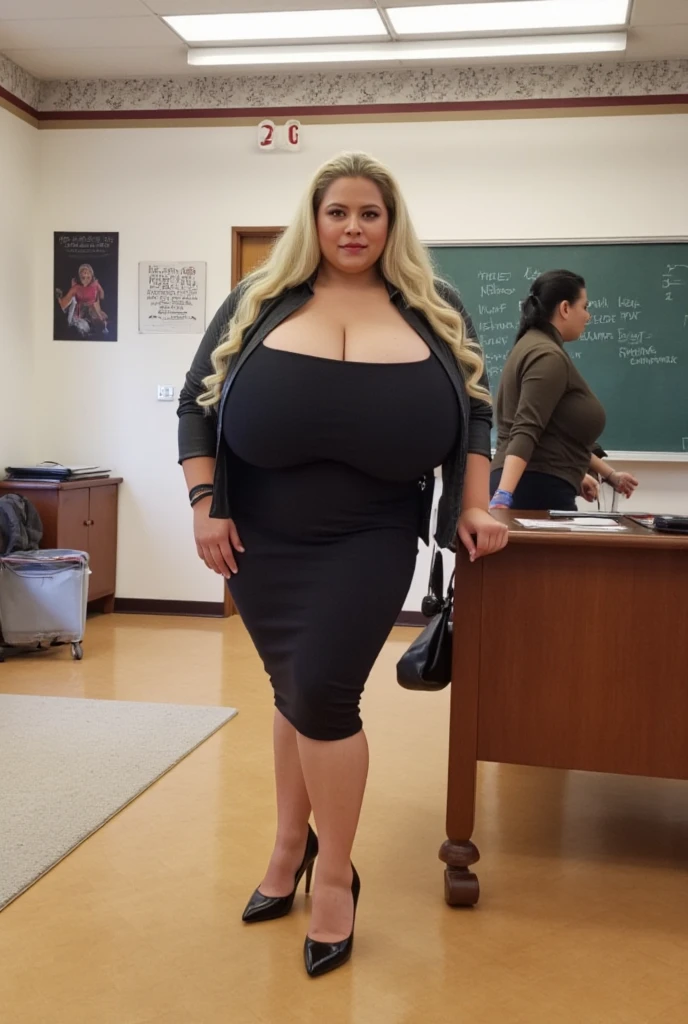 pregnant woman, Portrait of a 45 year old woman with long curly blonde hair, mature body, Mature teacher in the classroom, sexy smile, 8K, detailed background, surreal, realism, school classroom, NSFW, High Neck Teacher Uniform, Teacher's suit, skirt, showing whole body, whole body, big breasts, perfect breasts, View of the observer from above, performance, soft lighting, extreme details, long hair, gothic makeup, sensual figure, curvy model, very plump body, sensual body, plus size women, attractive plus size model, pregnant woman,