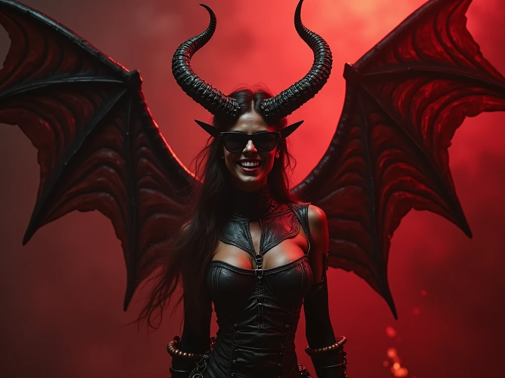 A hot succubus demon woman with large breasts on the cover of a heavy metal album. Her breasts are bigger than her head and she wears tight leather athletic wear.