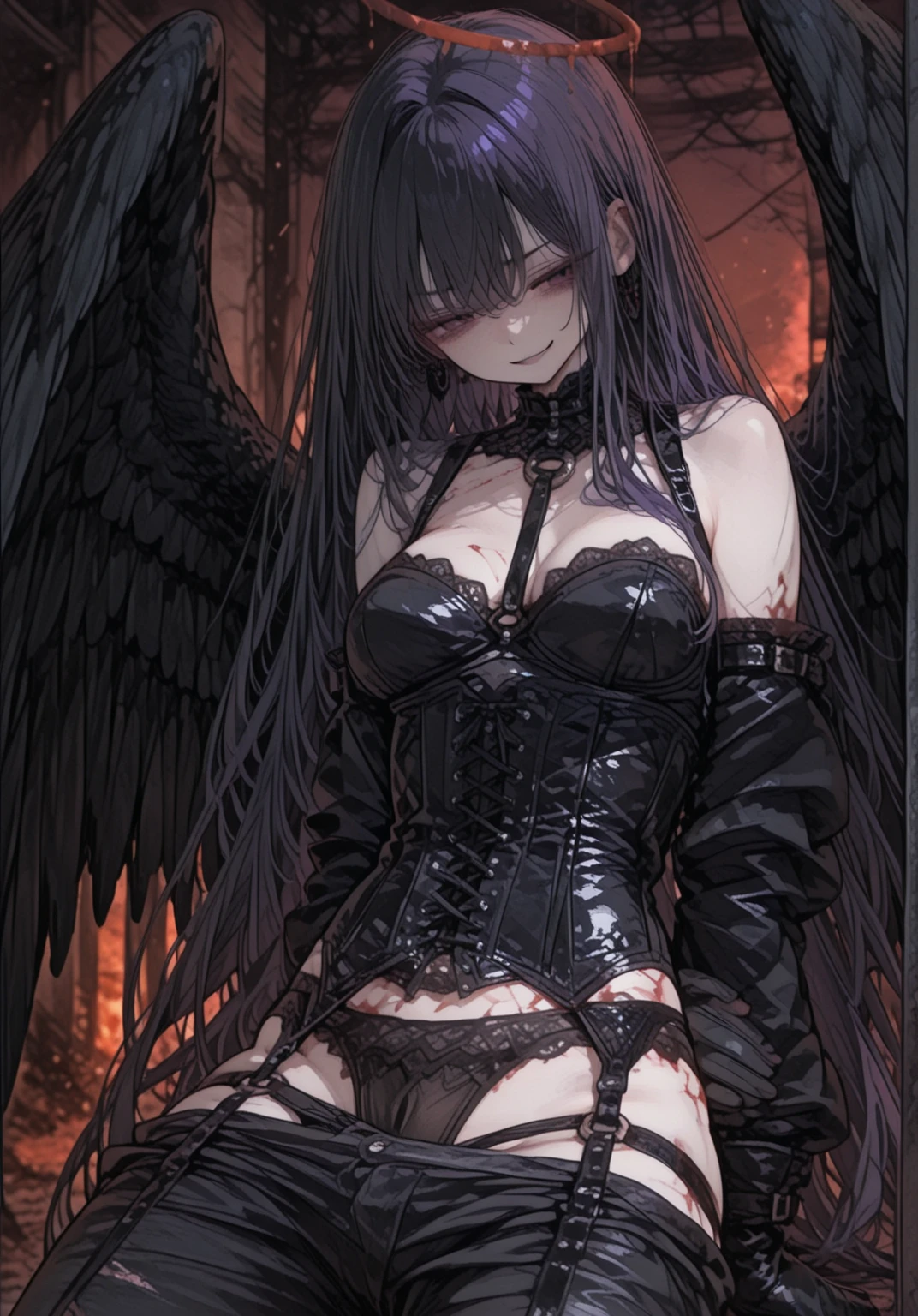 (Highest quality,4K,High resolution,masterpiece:1.2),Very detailed,Realistic:1.37,Spooky altar background,Dark fantasy,Red color scheme,Ominous atmosphere,Eye-catching,Storytelling,anatomy,Anime Style,Concept Art,beautiful細部までこだわった顔と (((Red eyes ))),A terrifying ritual ,Ritual of sacrifice,Premature death,Improper behavior,クレイジーなsmile,Scythe Face,Girl Monster, beautiful, Delicate facial features, Sharp Eye, Sharp Fangs, Pale skin, Thick chain, Dark Background, Cinema Lighting, Dramatic Shadows, Gothic style, Gloomy atmosphere, Dark fantasy, One Girl, , Please open your mouth wide, Open your mouth and baring your teeth,Sharp teeth like a beast, Wide lips, very wide mouth, Vermilion cheeks, ,(Blood splatter:1.4),Scary smile, smile,Fallen angel design, Twisted smile、Bloody、bleeding from the head,,,,、Blood splatter、,(Blood splatter:1.4),, 鎧をまとって祀られたbeautiful女神ヴァルキュリー, Bloodborne inspired valkyrie,, skull,Horror Style, ((Goddess Valkyrie Costume)), ((Flowing black hair)), ,(Blood splatter:1.4),Female curves, Sexy flat stomach, Perfect hands, Perfect anime face,  Are standing, ((邪悪なsmile)), ,(Blood splatter:1.4), Steam circulates, Moonlight Illumination, night lighting, disaster々New murder weapon,,(Blood splatter:1.6),Anime goddess Valkyrie design, Twisted smile、Bloody、bleeding from the head,,,,、Blood splatter、,(Blood splatter:1.4),, skull,Gothic architecture、Western architecture、Fantasy World、,Victorian cities, Skeleton Gas Light,