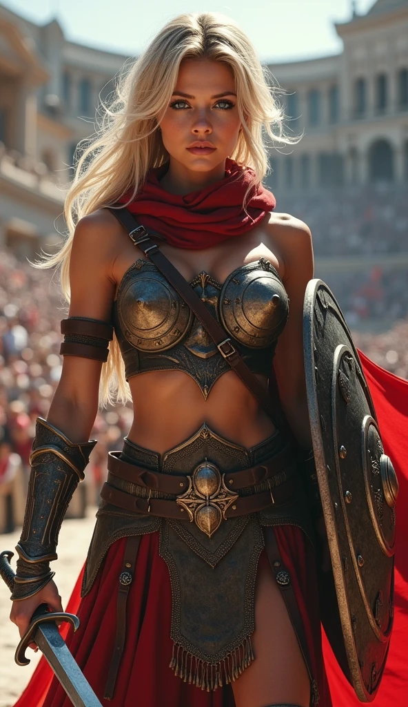 ((masterpiece, Highest quality, Best image quality, High resolution, Realistic, RAW Photos, 8k)), ((Highly detailed CG synthesis 8k wallpaper)), (Huge and stunning goddess shot, Very hot and sexy, Incredible beauty, Perfect Proportions, Beautiful body, Slim body beauty:1.4), Arafed woman in armor holding sword and shield, Portrait of a savage woman画, north Female Warrior, Very beautiful berserker woman, north adult Female Warrior, Female Barbarian, Female Warrior, Portrait of a savage woman, 野蛮なFemale Warrior, very beautiful Female Barbarian, Barbarian Class, Portrait of a Female Warrior, RPG portrait concept art, (Beautiful warrior, Carrying a dagger and a small shield, Wearing a red scarf, Leather Armor), (Blonde, blue eyes, Dark Skin), (amphitheater, Fighting while being watched by the crowd, Motion Blur), White underwear、Big Ass、Nipples are visible