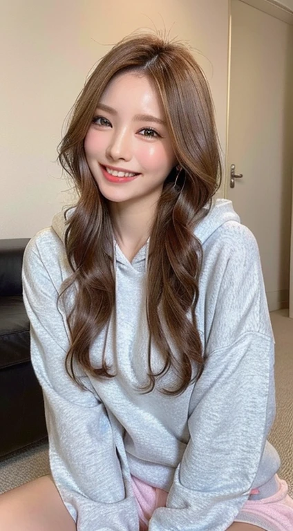 ((highest quality, 8k, masterpiece: 1.3)), 1 female, Japanese Idols,Sensual beauty: 1.3, (Hair style Brown hair Medium wave, big: 1.2), hoodie: 1.1, Very friendly face, Delicate eyes, double eyelid, Dimples,Mole, Sit on the sofa,relax,smile,Plump body,mole,very thick paws,Moe sleeves,Cowboy shot from above,