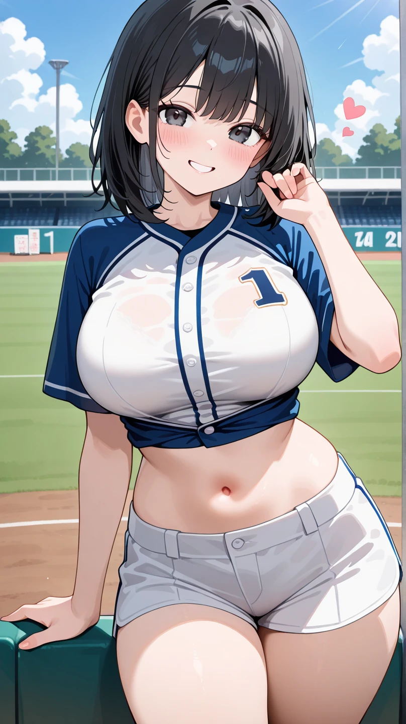 One Woman、beautiful girl、high school girl、Baseball uniforms、Yankees uniforms、Bewitching Smile、Baseball cap、ponytail、Long Hair、baseball Ground、The stands are full、Highest quality,  Black Hair、Sweaty body、Fullback panties、Squat with your legs apart、Feeling Face、Several men groping a woman&#39;s crotch、Showing off her breasts to the audience、Pinch your nipples、Love juice、Baseball players around、Handjob