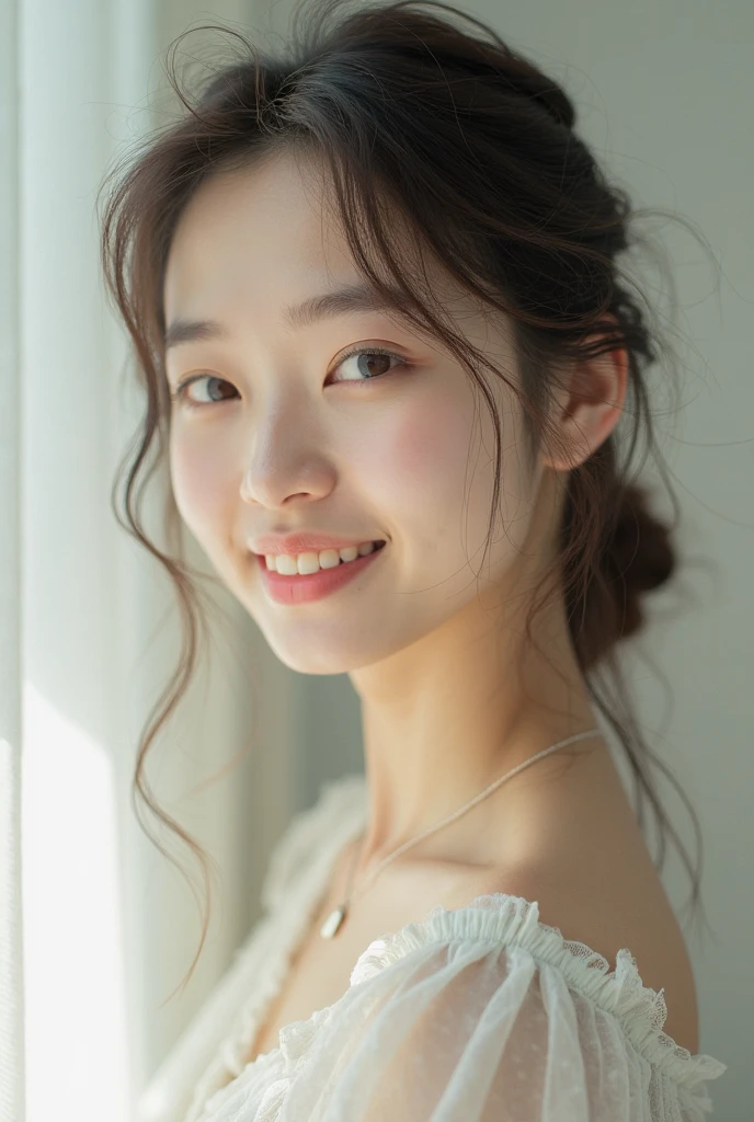 photograph, beautiful, Narrow Face, Slender body, 18-year-old, cute girl, Famous Japanese Idols, cute, Fair skin, Glowing Skin, thin jaw, smile, cute, young, Highly detailed nose, Highly detailed mouth, cute face, Realistic Face、Completely ?????