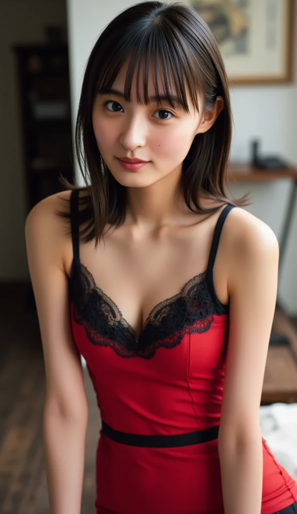 Highly detailed CG Unity 8k wallpaper, top quality, super detailed, masterpiece, realistic, photo realistic, very detailed girl, 30 years old, blush, evil, round eyes, santa dress, medium breasts, looking viewer, half body shot, house , winter , night , cleavage ,long hair