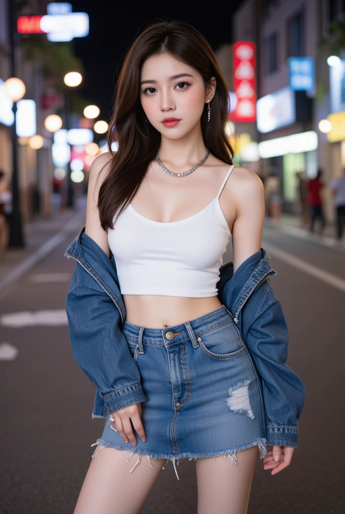 (1girl), russian, solo, long_hair, wearing(denim-strapless-shirt, white-miniskirt), photo(medium-shot), portrait, squatting, pov, blurry_background, background(night, urban, footpath), (photorealistic, absurdres, best_quality:1.55),