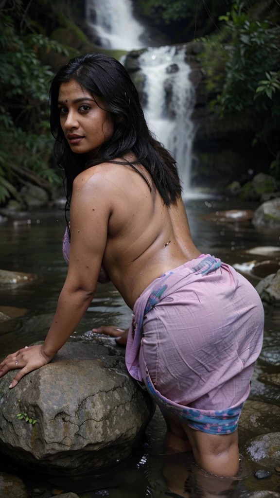 Desi indian bhabhi lustful looks, beautiful face, long hair, natural skin, big breasts, chubby navel, curved thighs, big butt, sex with husband, hugging, kissing, boob sucking, fucking, full nude pics, waterfall background