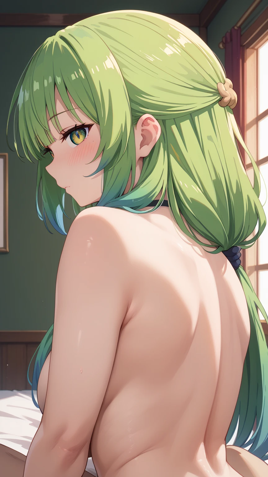 Browsing Caution (masterpiece, Highest quality, Very detailed, Best Shadow, Volumetric lighting), (Beautifully detailed face, beautiful fine grain), (Best lighting), c.c., code geteeth, Green Hair, Very long hair, Wavy Hair, Orange eyes, fine grain, Center of chest, teeth, Ashford Academy Swimsuit, whole body, intense angle, mksks style, ((Close ~ eyes))++ sleep Sloppy posture Beautiful background, professional lightning, indoor, Bedroom Beautiful night view sleep Completely naked topless