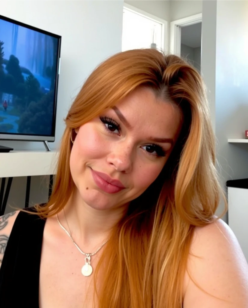 there is a woman with red hair and a necklace on, profile image, she has long redorange hair, taken in the early 2020s, red haired goddess, the extremely hot and sexy, around 1 9 years old, very very low quality picture, amouranth, with curly red hair, she has long orange brown hair, with red hair