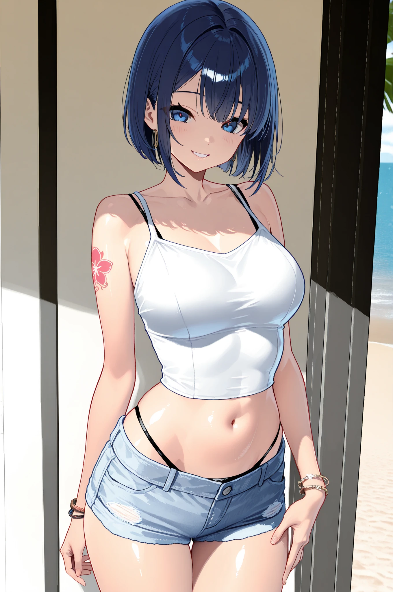 NSFW、(masterpiece、Highest quality:1.2)、1 person、solo、M字Leg spread、Leg spread座り、White string panties、Open legs、Legs open、Leg spread、(Big Tits、Big Breasts、Transparent breasts)、In town、congestion、belly button、Thigh、(Big Tits、Big Breasts、Transparent breasts)、(Erect nipples、black tank top shirt、black bra top、Low rise、belly button、Navy blue denim short skirt、Micro Mini Skirt、White string panties、Gold Necklace)、(Big Tits、Big Breasts)、(tall、Toned body、slim body、Brown Skin、Sunburn、Big Breasts)、（Slanted Eyes、Dark Eyes）、(Sexy look、Erotic look、Estrus、Lust)、((black hair medium straight、Black hair medium bob))、In town、Female teacher, 23 years old、Rumiko Honjo、((masterpiece))、((Highest quality))、((detailed)、((Adult female))、photograph、美しくdetailedな顔、detailedな目、独奏、