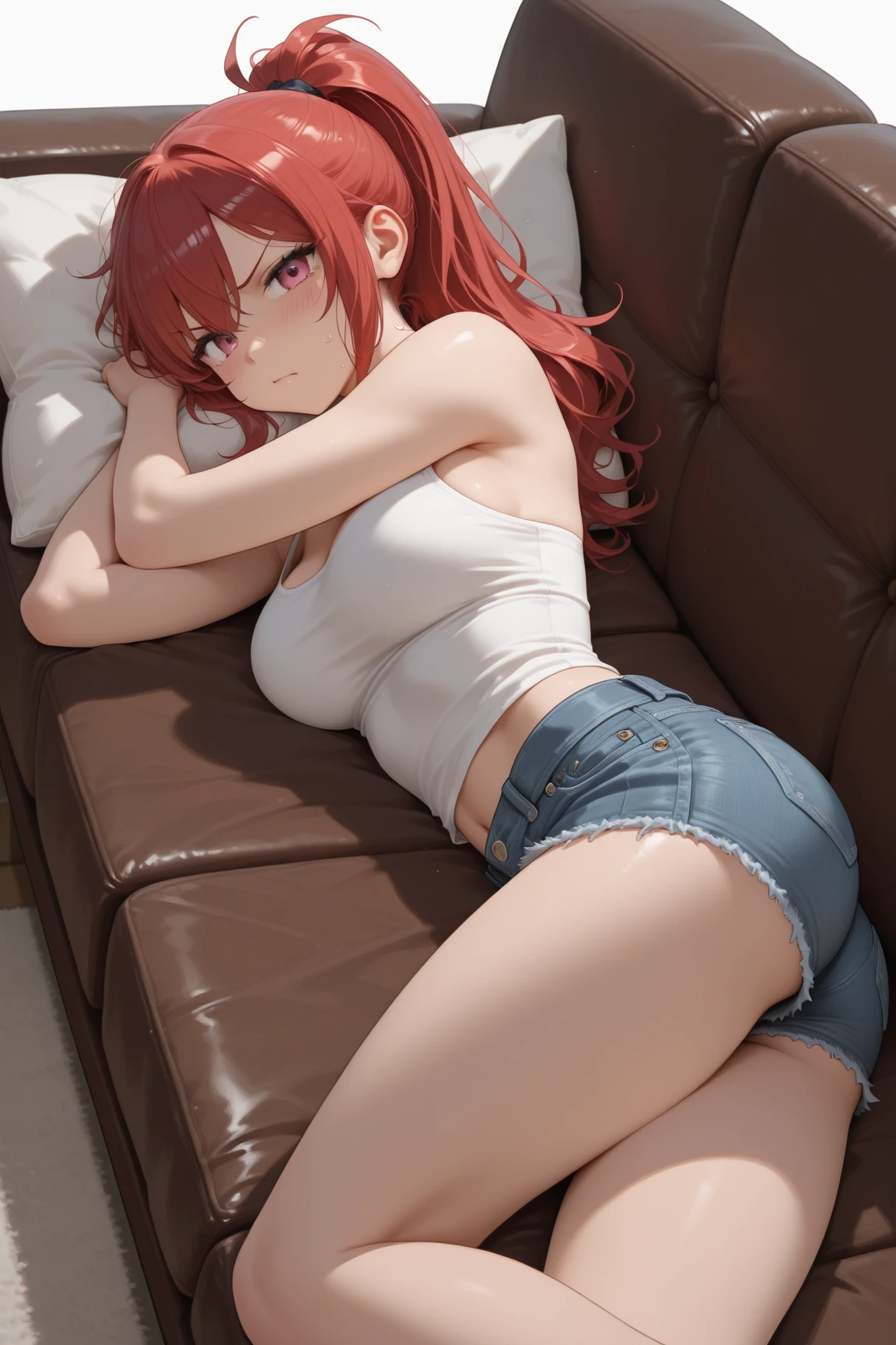 Create a high-quality, detailed image of a beautiful, anime lofi girl with long red hair, bright blue eyes, and a smile, sitting at her gaming PC in her cozy room. She has tattoos and wears a sexy see through tank top, showing her midriff with sleep shorts. The warm, inviting scene includes soft ambient lighting, comfortable seating, and a high-end PC setup with multiple monitors and RGB lighting. The setting is illuminated by a small lamp, creating a serene and intimate atmosphere (HIGH QUALITY)