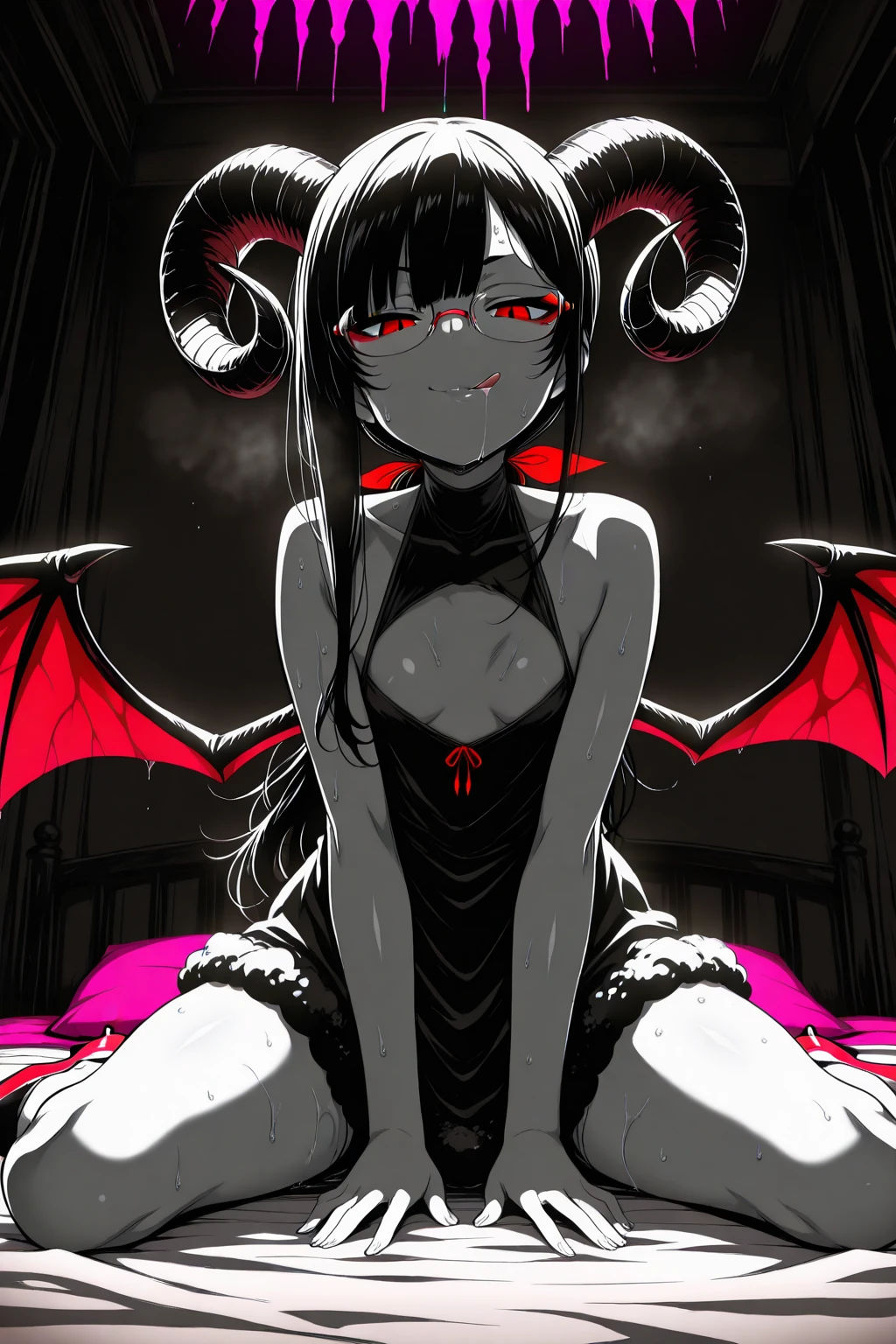 make a portrait of a devil horned Kim kardashian in anime style in black sexy underwear, make her so sexy and give her a position on her knees and she looks in the camera and open the mouth waiting for a cumshot, blue eyes