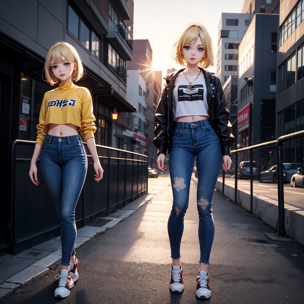best quality, masterpiece, small breasts, smile, sweatshirt, leggings, outdoors, alone, anime style, grass field, daytime, blue sky, blue eyes, detailed eyes, medium hair, blonde hair, loose hair, bangs, ass, --auto