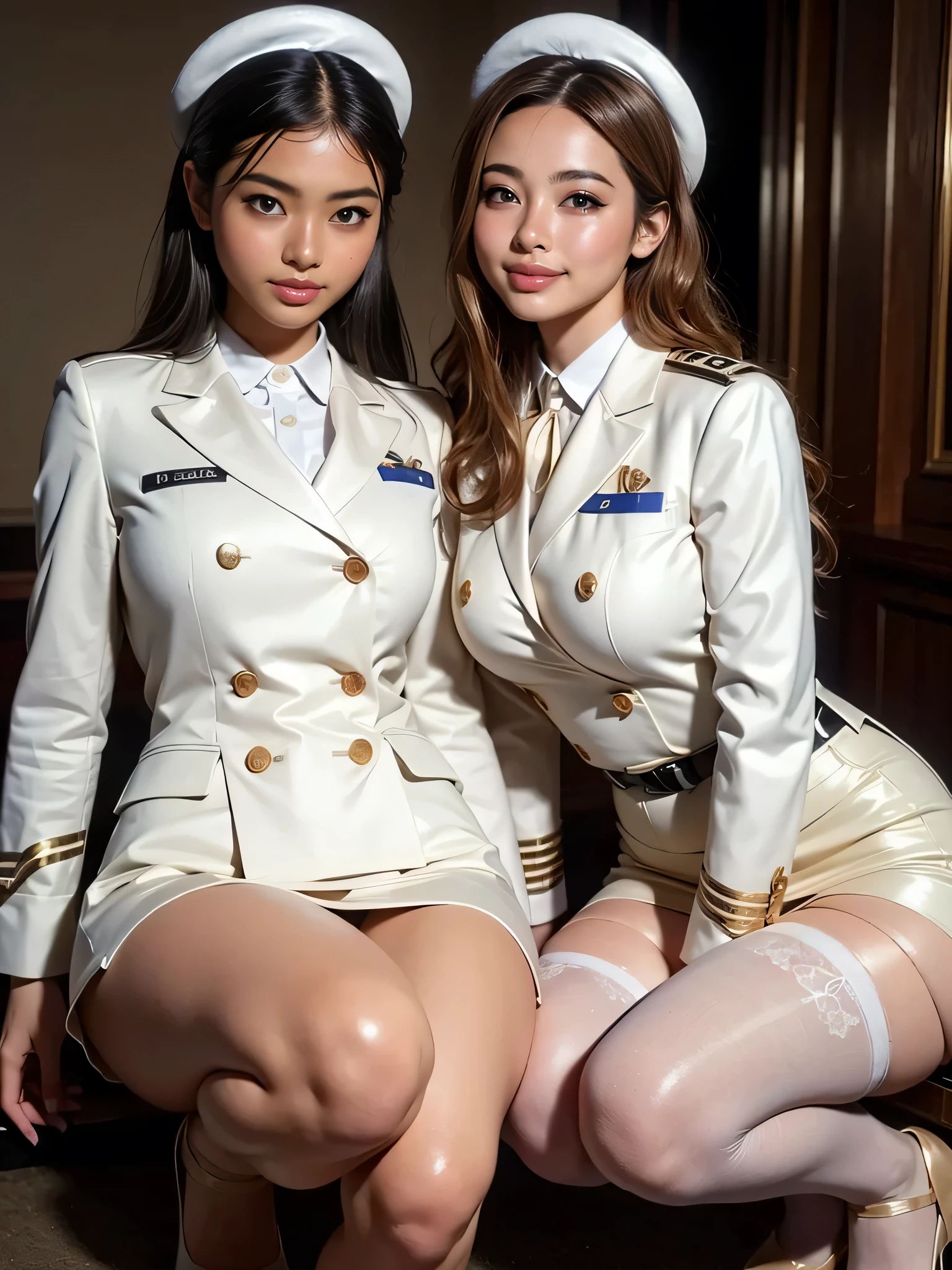 (highest quality, super detailed, golden ratio, table top:1.2), Stage lighting:0.7, Photo of two 15-year-old Rigahyeon Korean women in uniform,  Perfect anatomy of the thigh,Female Lesbian, perfect face, (highly detailed skin), Randomly colored hair、god with mesh, Hide your mouth with your hands、laugh at, skin texture, white skin, shiny skin, (slim, :1.2), [:(focus clearly on the face, perfect eyes:1.2):0.2], realistic, film grain、Hide your mouth with your hands and smile, random pose、two women、look up from below、straddle、look happy、Show the soles of your feet、spread your legs、stockings