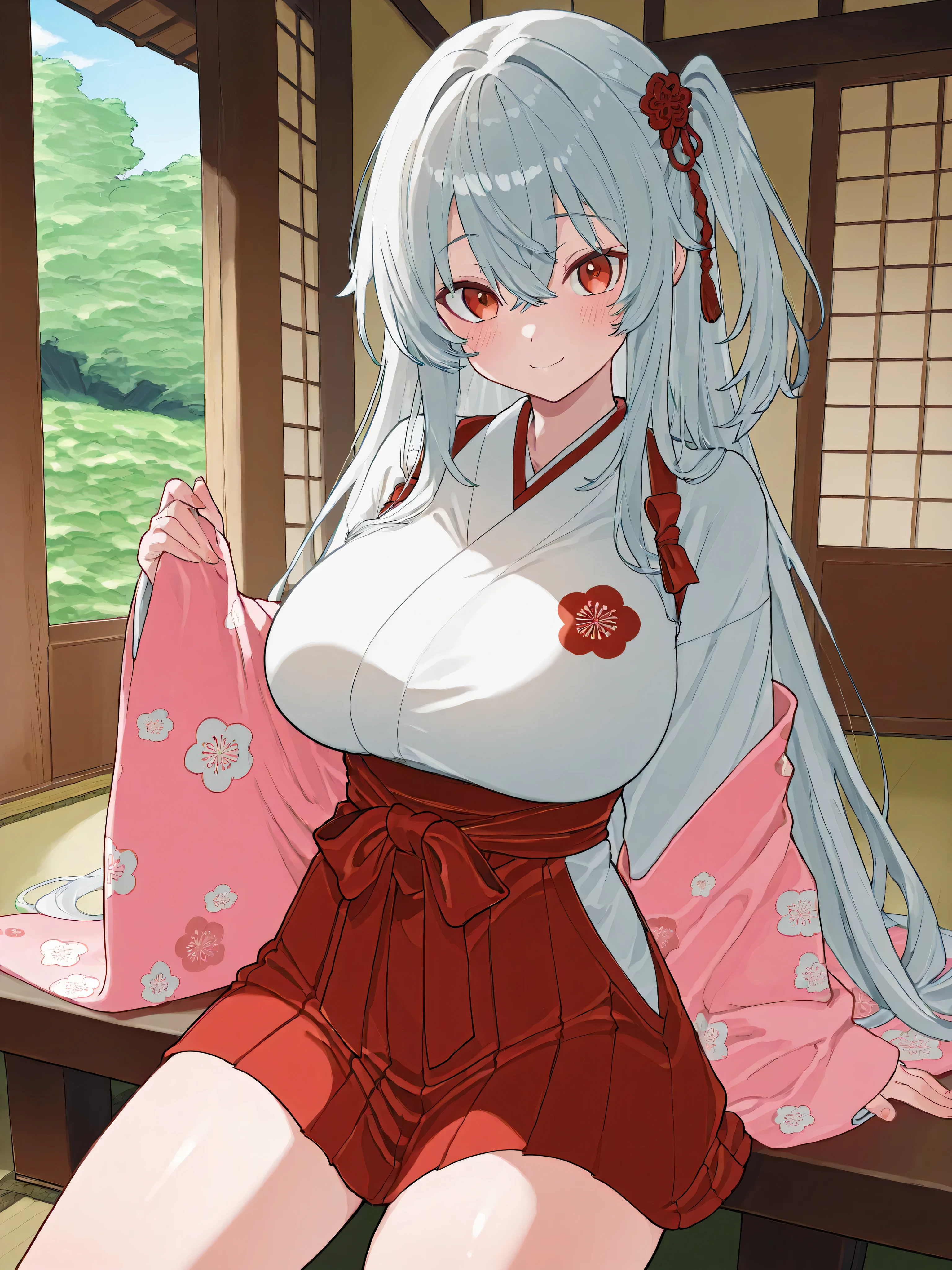 (masterpiece, top quality, best quality, official art, beautiful and aesthetic:1.2),ultra-detailed,intricate details,amazing illustration,award-winning art,atmospheric, 
BREAK, 1 beautiful girl, (17 years old girl), Very detailed, colourfull, highest details, BREAK , 1girl in, (Cute:1.5),(Cool:0.8), (Beauty:1.5),(Chibi:0.5), (17 years old girl), (girl, Older sister, Unclear, Beautiful face of Japan:1.2) BREAK, (A detailed eye,Tsuriformes:1.2),(Silver hair,Long hair in a bun,Deco:1.8),(huge breasts:1.35),star eye silhouette, (long eyelashes, Double eyelids:1.2), cleavage, ,Swaying udder, Clear skin, Beautiful skin, Shy, Erect ,Clear skin, Beautiful skin, Shy, gleaming skin,(best quality face),(Top quality glowing eyes),(The best smile,Doya face:1.45),  BREAK,
sitting, seiza, (green tea:1.2), (chasen, chado, sado, yunomi, chaki:1.3),centered, looking at viewer, hands on stomach
BREAK japanese clothes, kimono, flower printed kimono, long skirt
BREAK japanese room, tatami, shou BREAK,wakame,wakame,wakame,(Cowboy Shot:1.4),

BREAK,(Blurry background:1.3),(absurderes, hight resolution, Super Detail Art),cel shading,Clear Color, Lonely optical effect, Beautiful pictures, Bright glow, mystic atmosphere,(Close-up of girl:1.1), Mystical light particle effect,manga influence, clean line drawings,