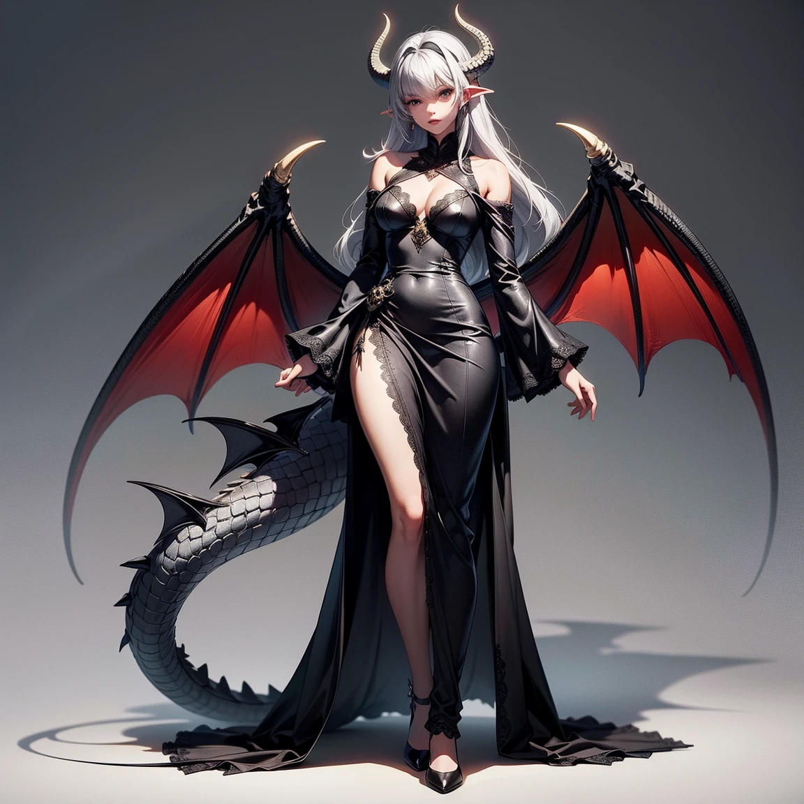 Wearing a black dress、Woman wearing devil headdress, Gothic girl anime girl, Six-armed Dark Goddess, The female villain has black angel wings, beautiful Succubus, Beautiful and elegant demon queen, Succubus | middle Ages, Devil anime girl, Dark Demon Dancer, Dark witch full body pose, Loers, Dark Witch Panorama, Succubus